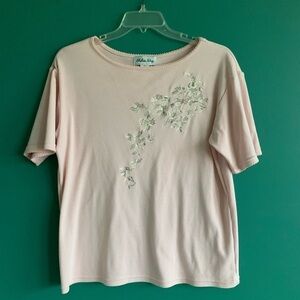 Vintage Top Short Sleeve Pink Grandma Floral Embroidered Shirt Tee Women sz XL